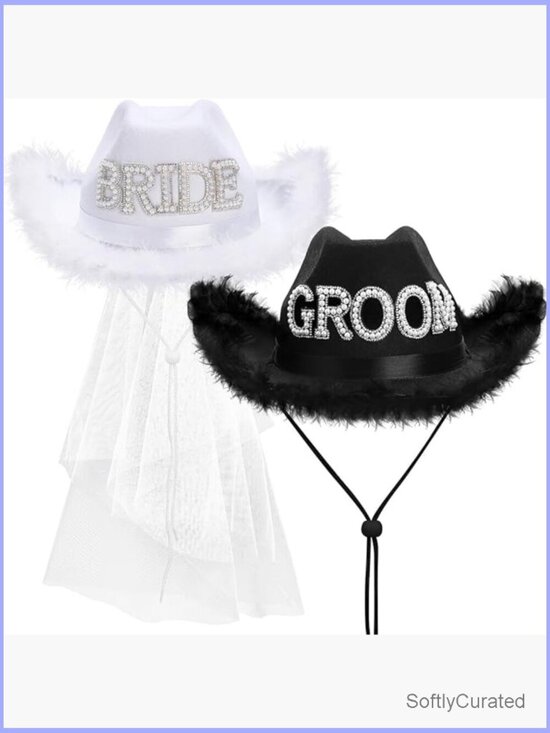 Bride Cowgirl Hat with Veil & Groom Cowboy Hat Wedding Shower Decor main image 5